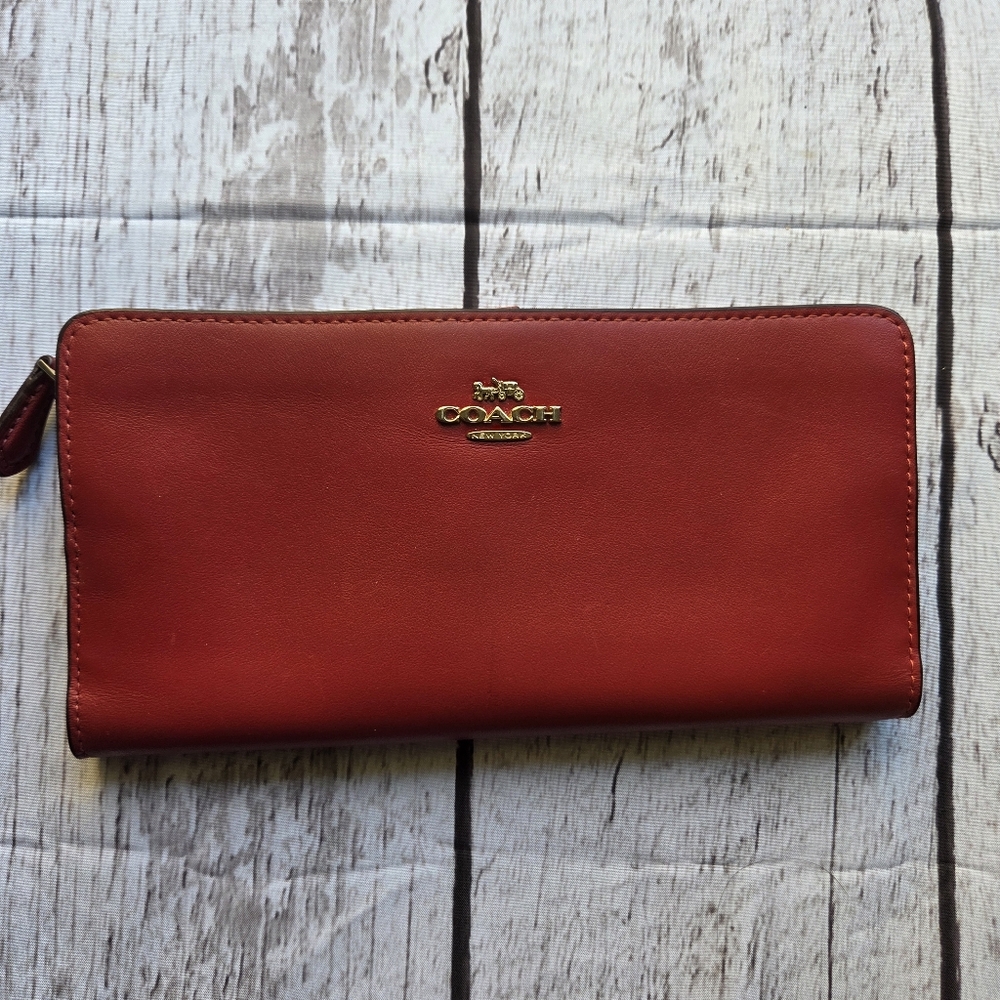 Coach Red Leather Zip Around Accordion Wallet with Snap Closure